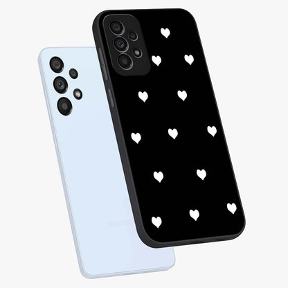 Cute And Simple White Hearts Glass Case displayed in angled mockup highlighting cute heart design with clean aesthetic style.