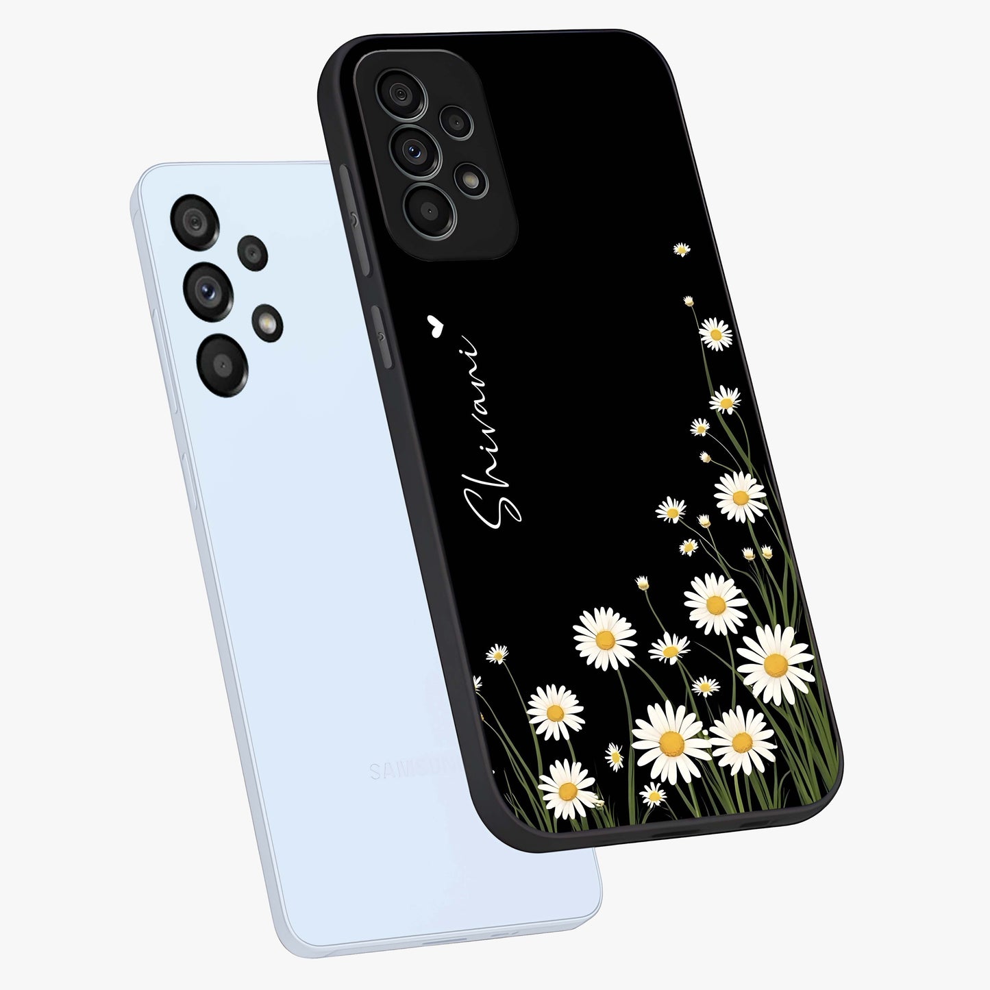 Daisy Cascade Custom Name Glass Case displayed in angled mockup highlighting delicate daisy artwork with custom name feature.
