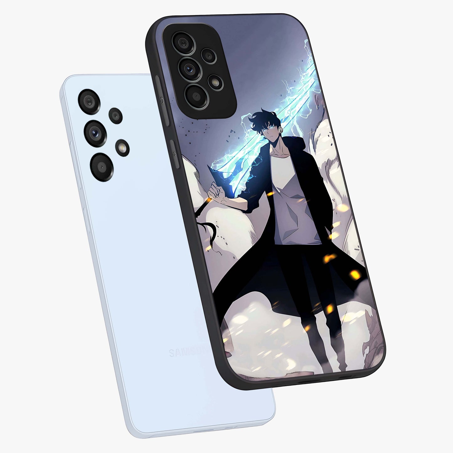 Dark Lightning Anime Warrior Glass Case displayed in angled mockup highlighting powerful lightning themed anime illustration.