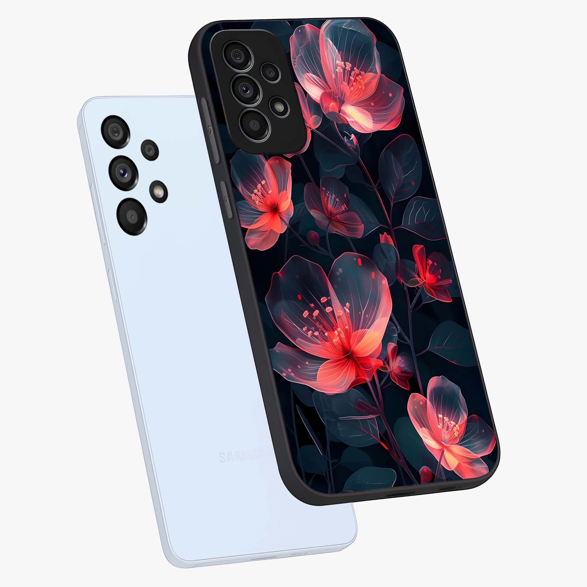 Dark Shade of Flower Glass Case displayed in angled mockup highlighting moody floral illustration with aesthetic dark tones.