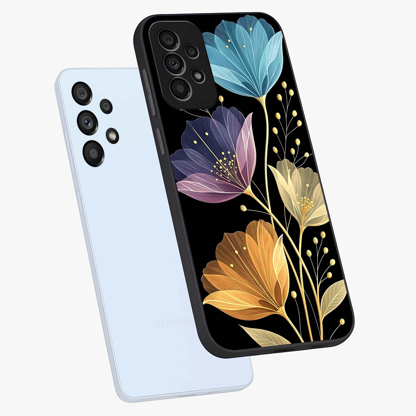 Delicate Multicolor Flowers Glass Case displayed in angled mockup highlighting colorful flower pattern with soft aesthetic style.