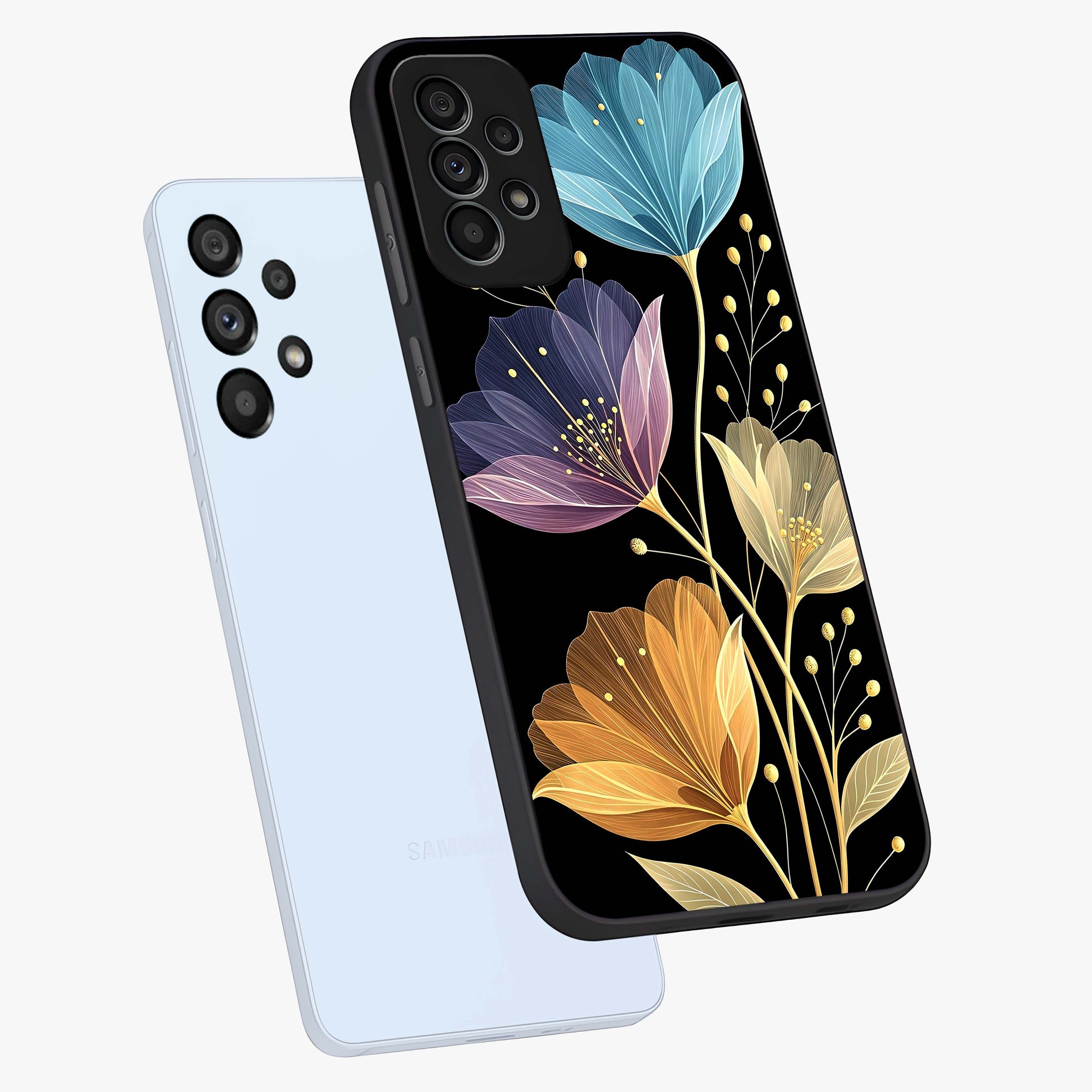 Delicate Multicolor Flowers Glass Case displayed in angled mockup highlighting colorful flower pattern with soft aesthetic style.
