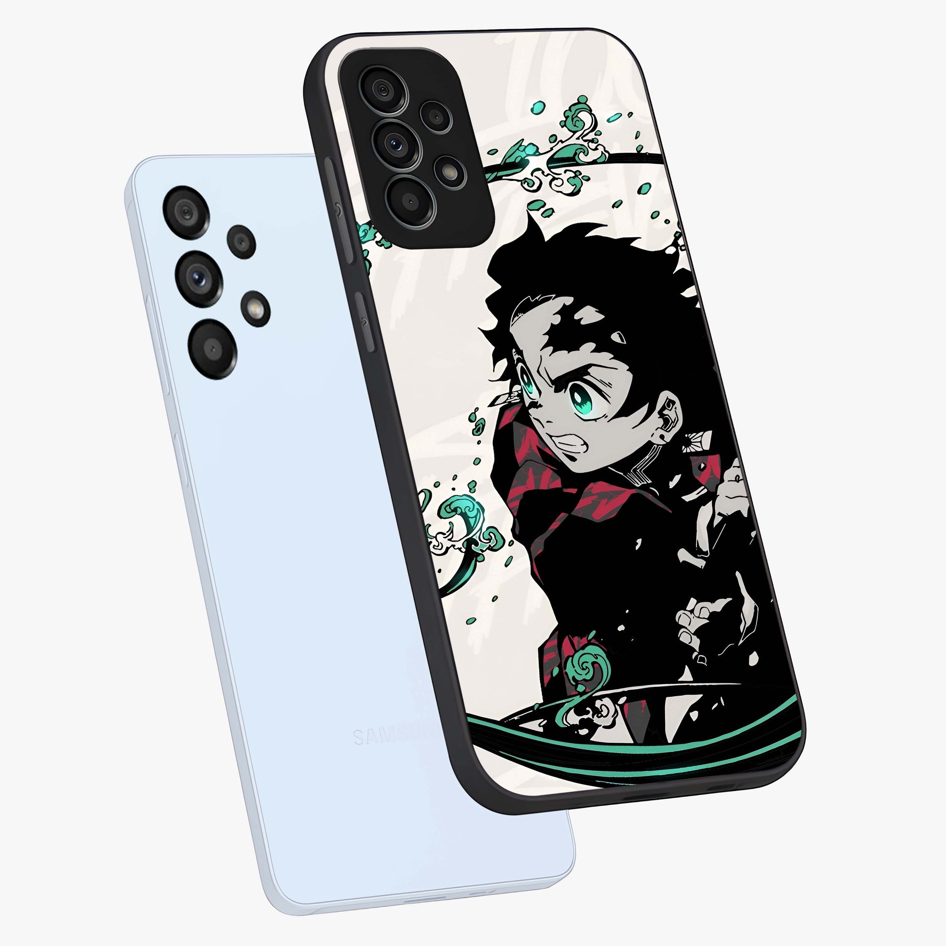 Demon Slayer Glass Case displayed in angled mockup highlighting dramatic anime character design with action aesthetic.