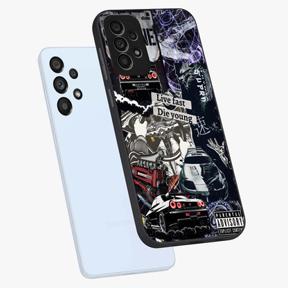 Die Young Glass Case displayed in angled mockup highlighting expressive graphic artwork with edgy aesthetic style.