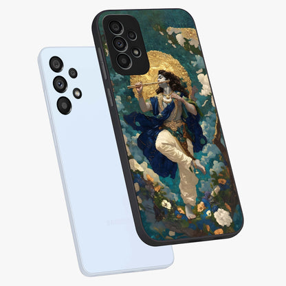 Divine Krishna Art Glass Case displayed in angled mockup highlighting spiritual Krishna illustration with devotional aesthetic.