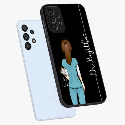 Doctor Pattern Custom Name Glass Case displayed in angled mockup highlighting doctor inspired artwork with custom name feature.