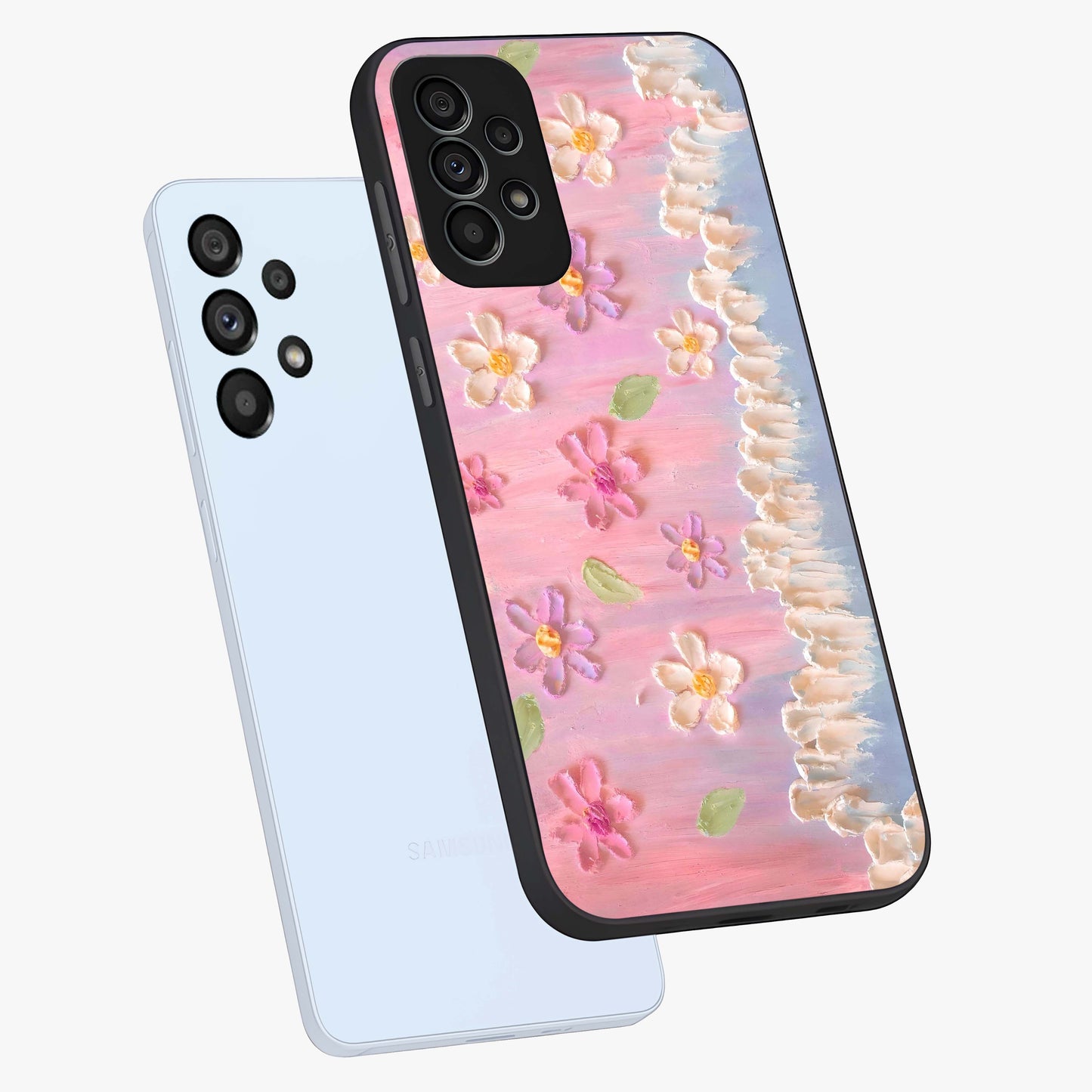 Dreamy Painted Garden Glass Case displayed in angled mockup highlighting colorful garden illustration with dreamy aesthetic style.