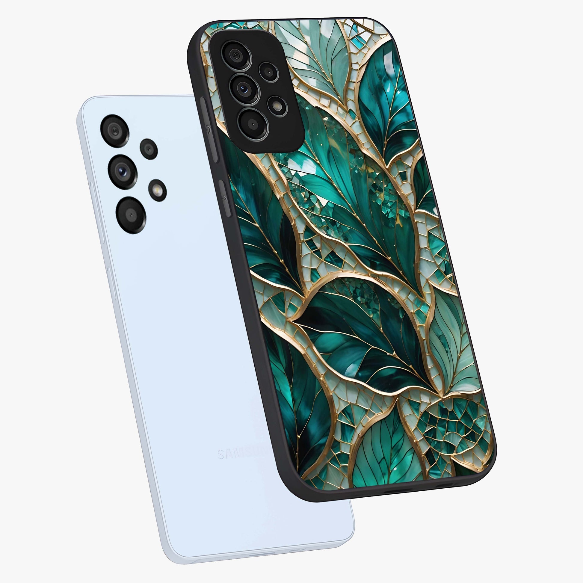 Emerald Leaf Glass Glass Case displayed in angled mockup highlighting botanical leaf illustration with elegant natural aesthetic.