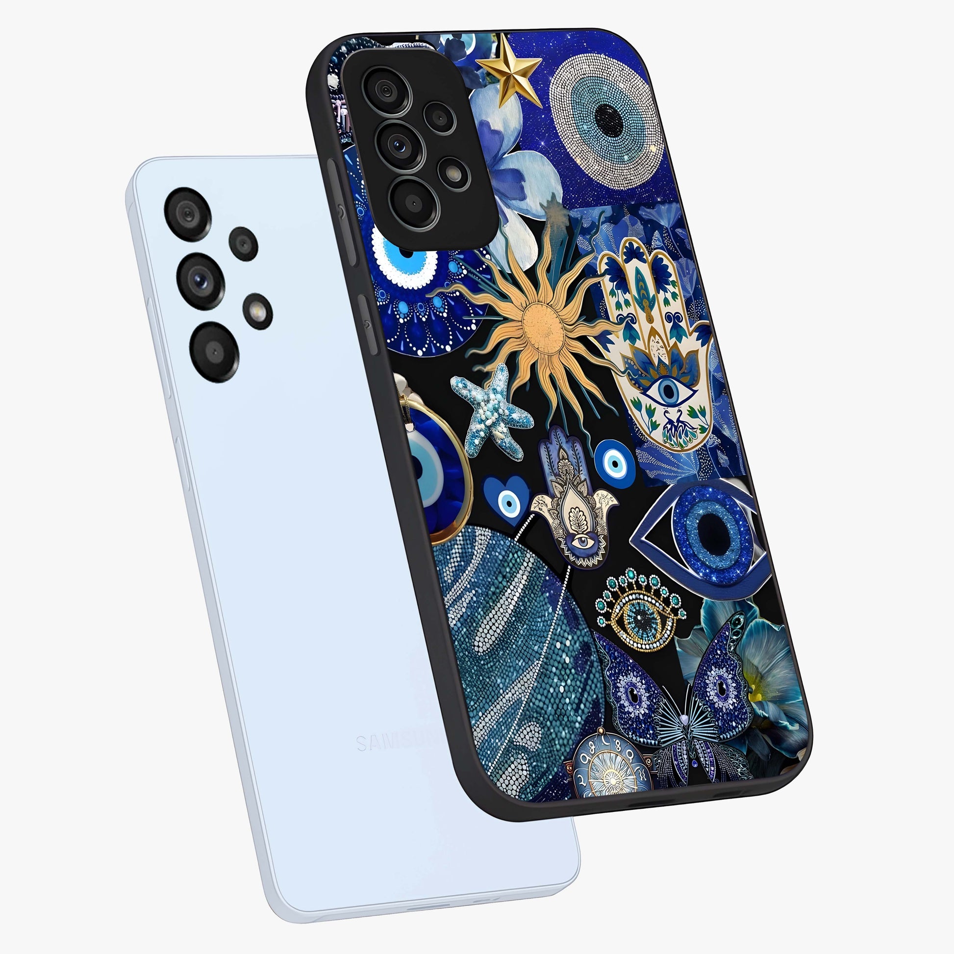 Evil Eye Charm Mix Glass Case displayed in angled mockup highlighting protective evil eye symbols with spiritual aesthetic design.