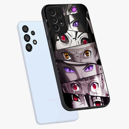 Eyes of Destiny Glass Case displayed in angled mockup highlighting bold eye illustration with mystical aesthetic style.