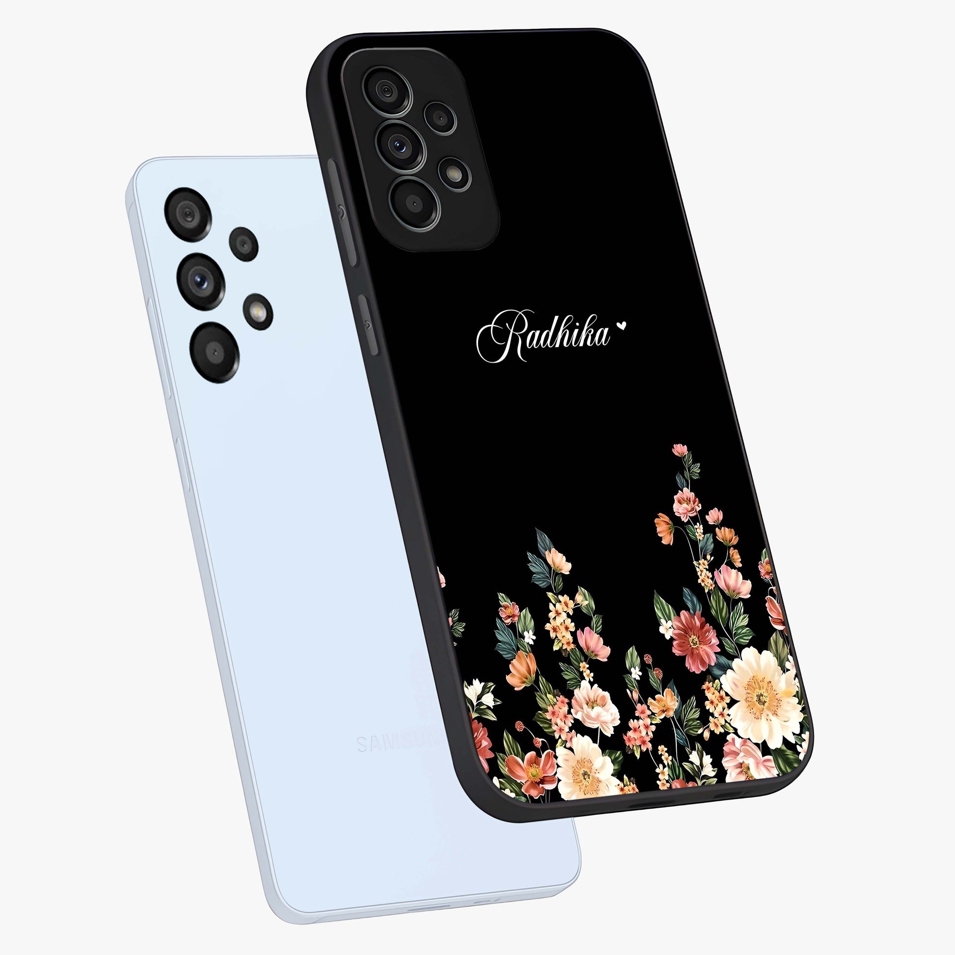 Floral Design With a Custom Personalized Name Glass Case displayed in angled mockup highlighting elegant floral pattern with custom name feature.