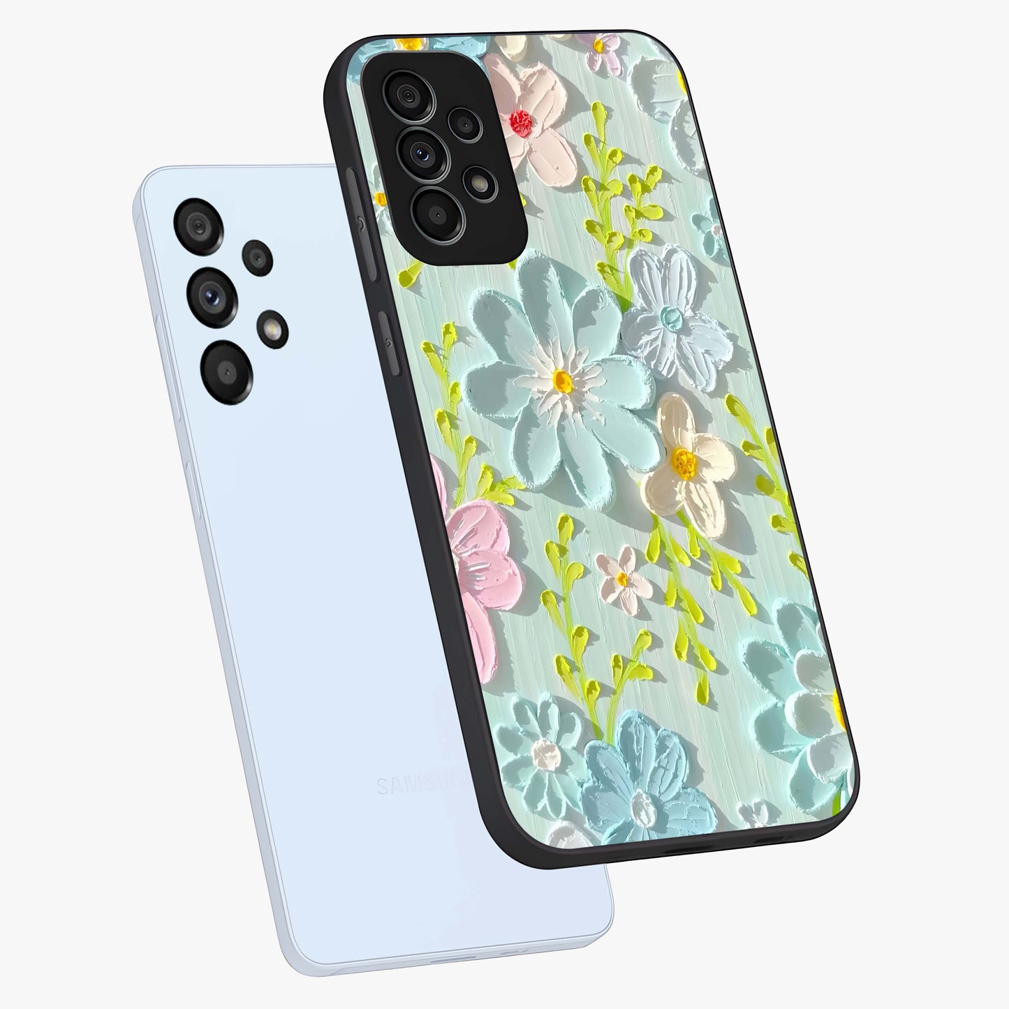 Frosted Petal Garden Glass Case displayed in angled mockup highlighting delicate flower petal design with calm garden aesthetic.