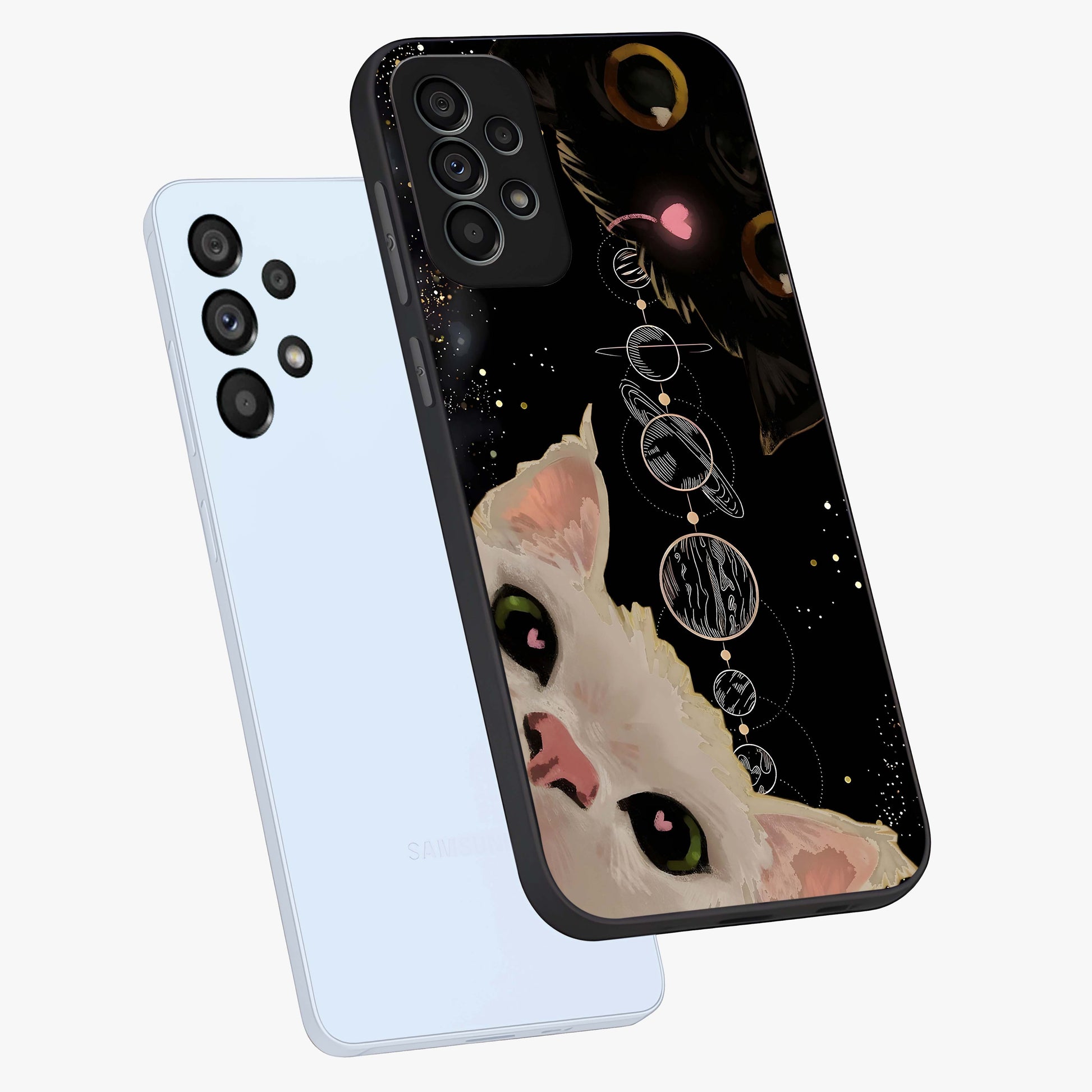 Galactic Cat Glass Case displayed in angled mockup highlighting celestial feline illustration with galaxy aesthetic style.