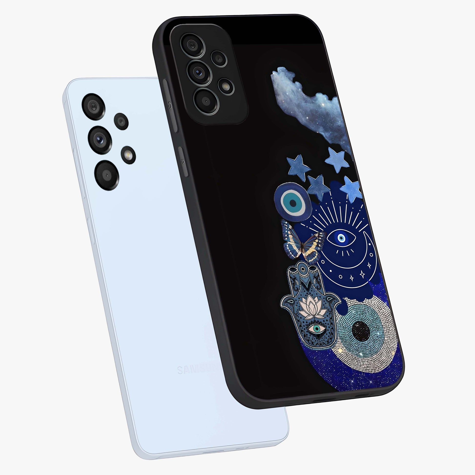 Galactic Charm Cluster Glass Case displayed in angled mockup highlighting luminous galaxy inspired design with dreamy aesthetic.
