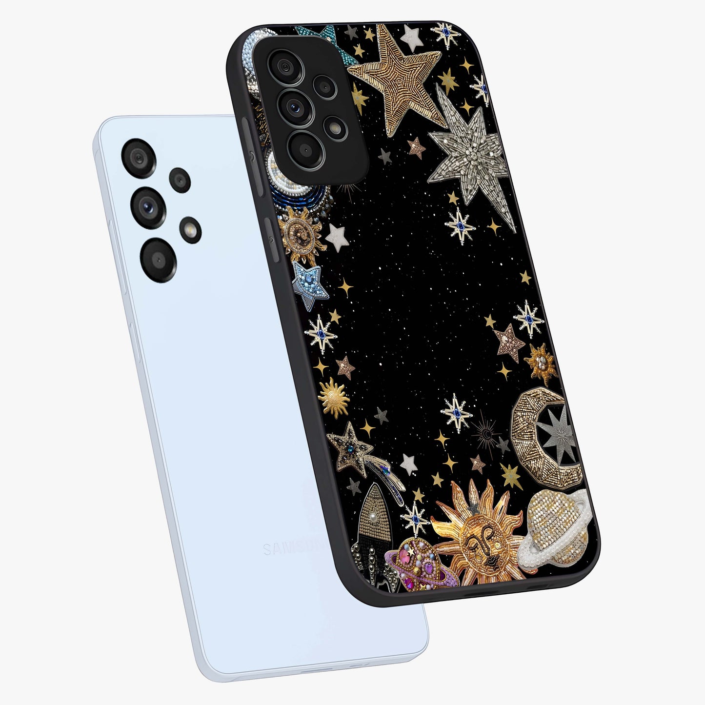 Galactic Jewel Stars Glass Case displayed in angled mockup highlighting shining celestial star design with cosmic aesthetic style.