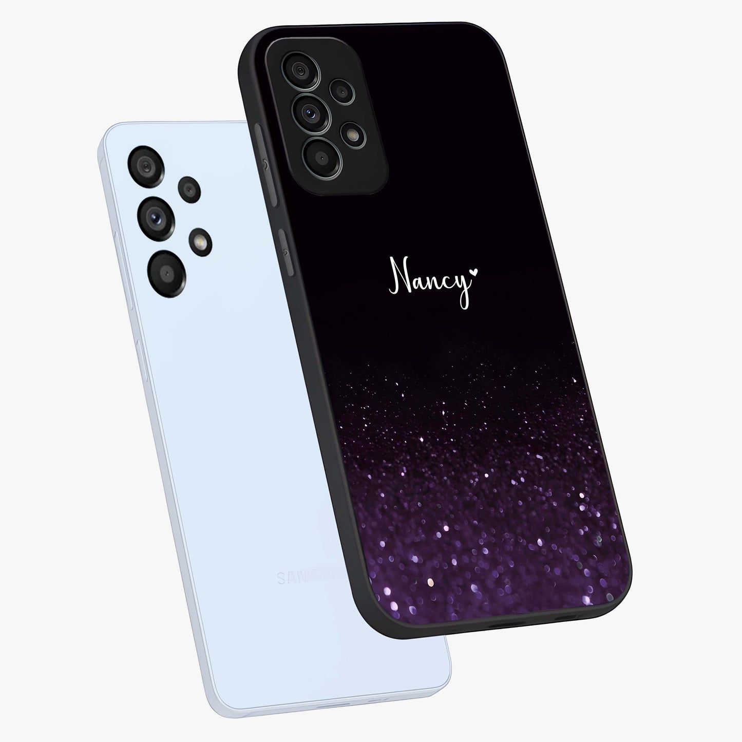 Glittery Purple Bokeh Custom Name Glass Case displayed in angled mockup highlighting glitter bokeh pattern with custom name feature.