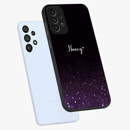 Glittery Purple Bokeh Custom Name Glass Case displayed in angled mockup highlighting glitter bokeh pattern with custom name feature.
