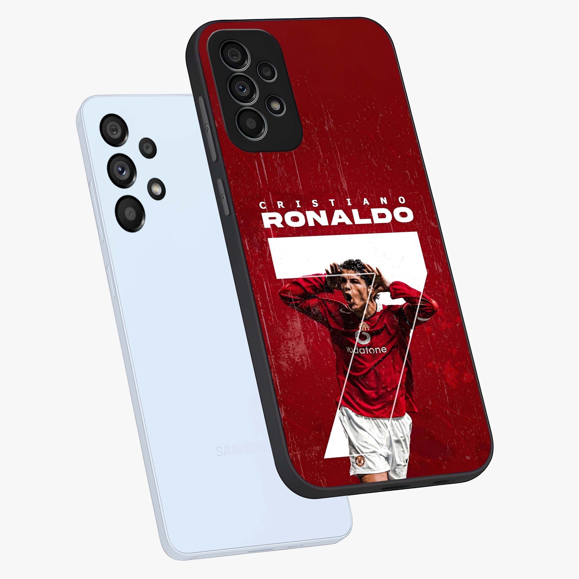 Goal Celebration Legacy Glass Case displayed in angled mockup highlighting energetic sports celebration design with bold athletic theme.