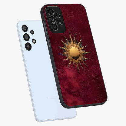 Golden Sun Minimalism Glass Case displayed in angled mockup highlighting clean sun symbol design with modern minimal aesthetic.