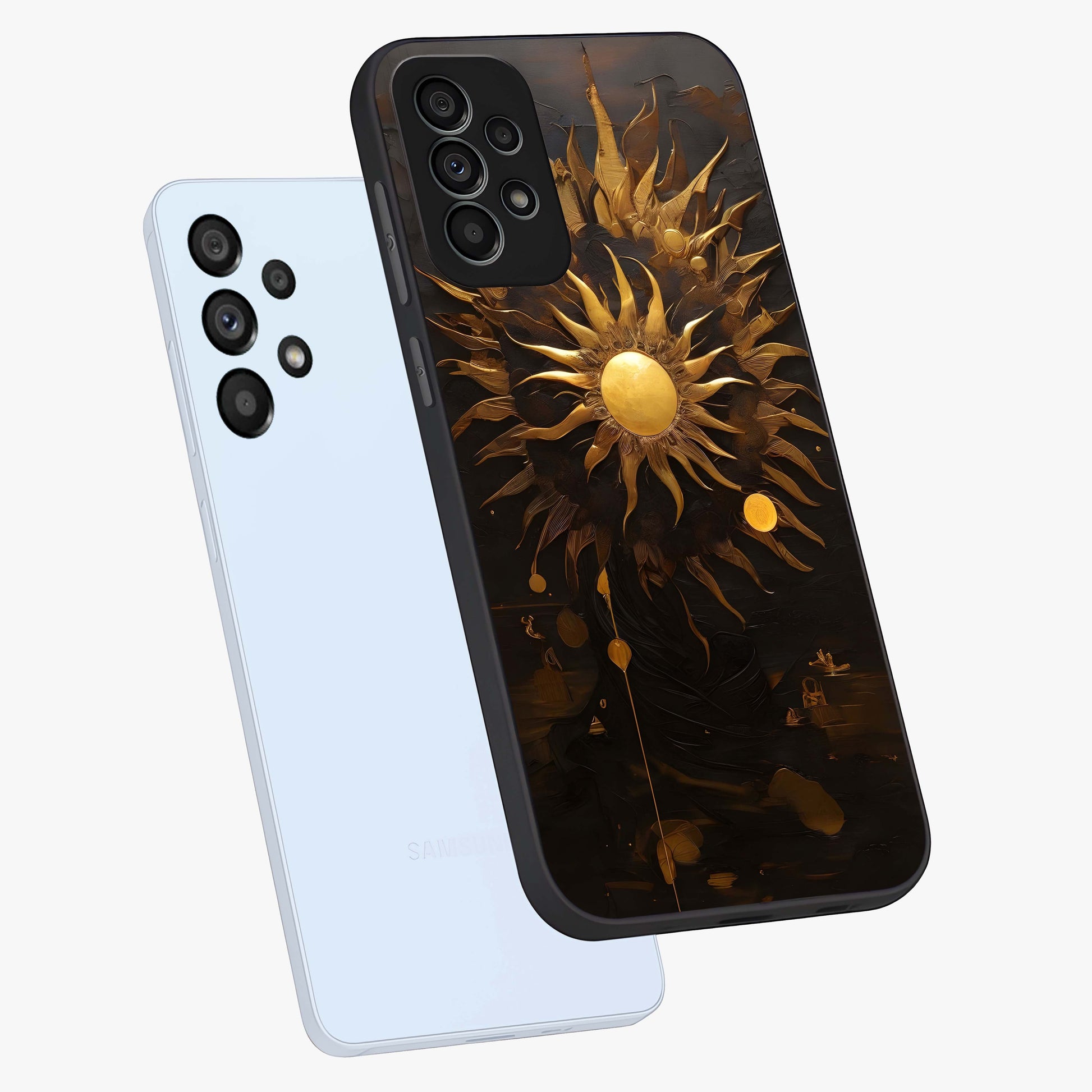 Golden Sun Majesty Glass Case displayed in angled mockup highlighting eerie shadow illustration with gothic aesthetic.
