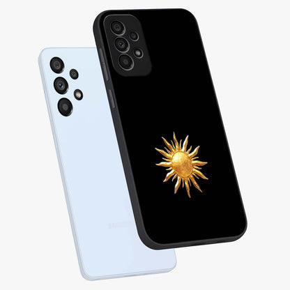 Golden Sun Minimalism Glass Case displayed in angled mockup highlighting eerie shadow illustration with gothic aesthetic.