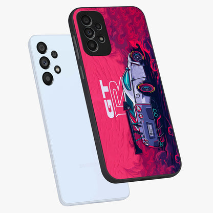GT-R Car Pattern Glass Case displayed in angled mockup highlighting racing car graphic design with bold automotive aesthetic.