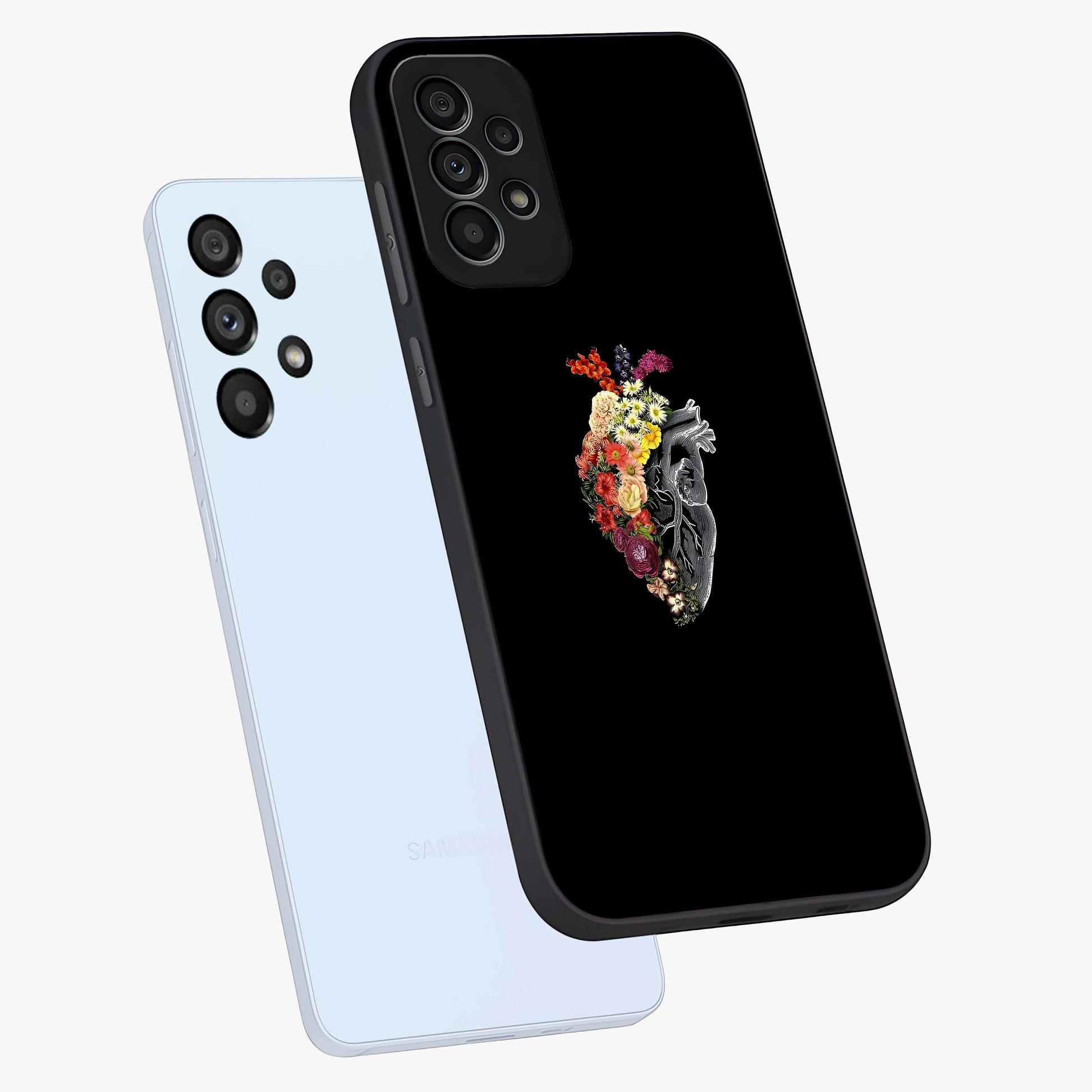 Heart With Flowers Glass Case displayed in angled mockup highlighting romantic flower design with soft aesthetic style.