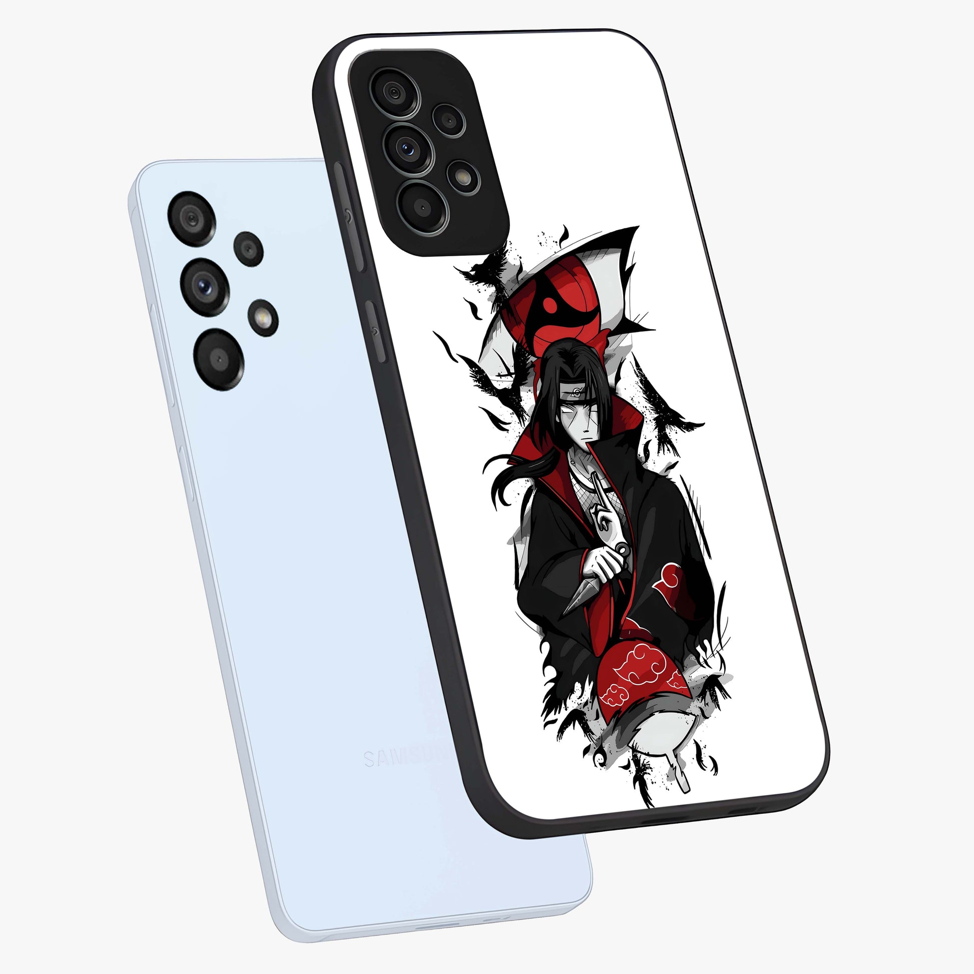 Itachi Limited Edition Naruto Anime Glass Case displayed in angled mockup highlighting dramatic anime illustration with bold action aesthetic.