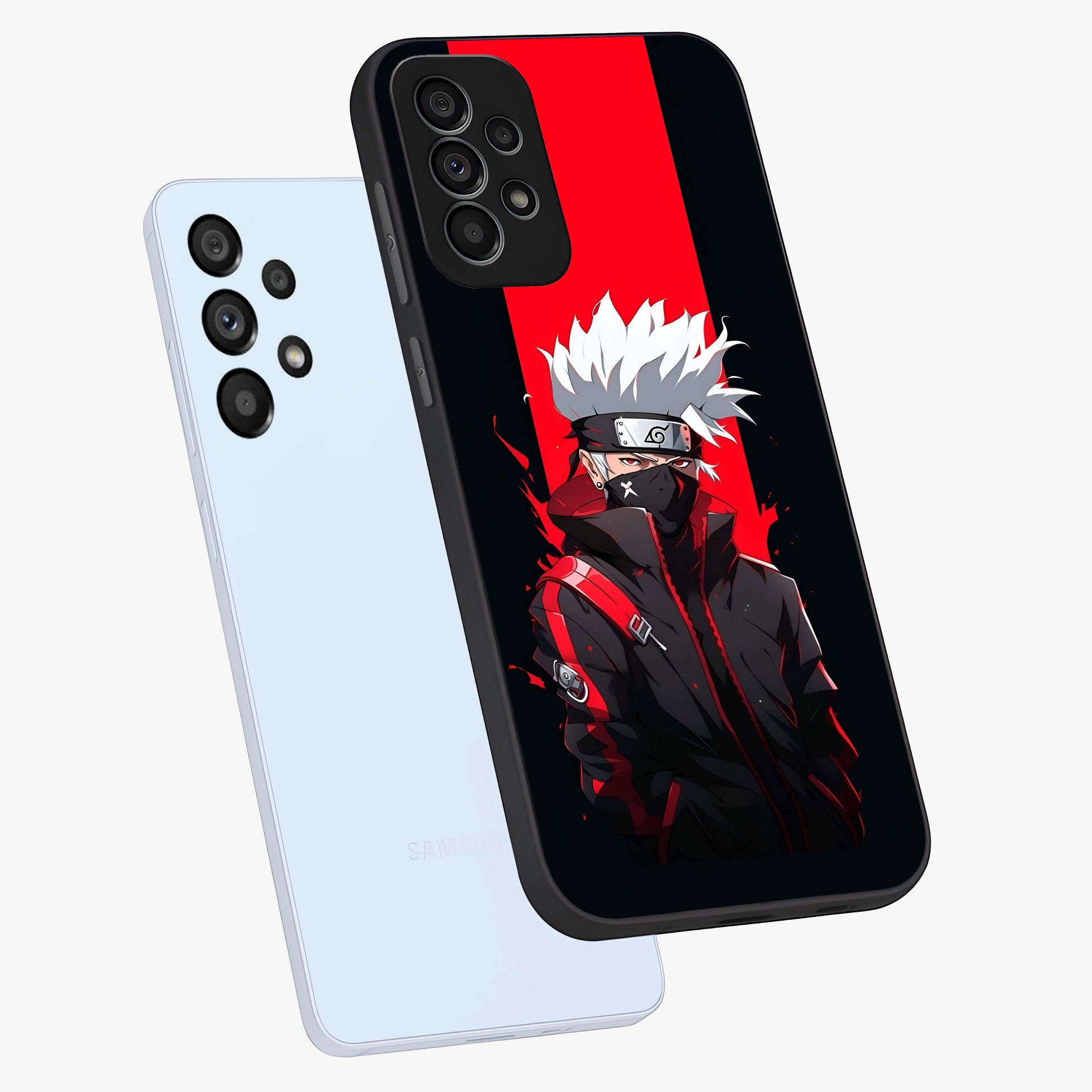 Kakashi Scarlet Shadow Glass Case displayed in angled mockup highlighting dramatic ninja illustration with scarlet themed aesthetic.