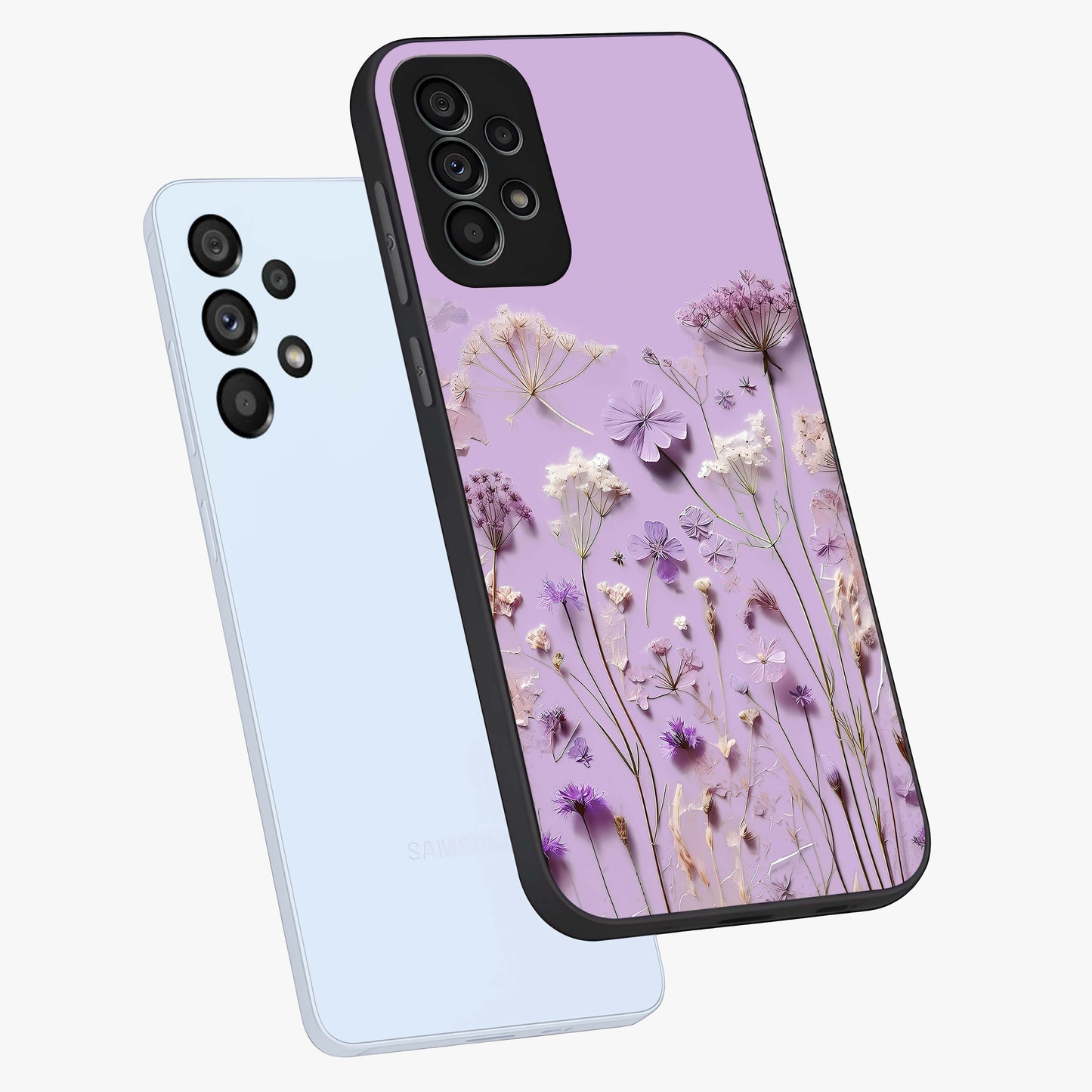 Lavender Blossom Dream Glass Case displayed in angled mockup highlighting dreamy lavender flower design with calming aesthetic style.