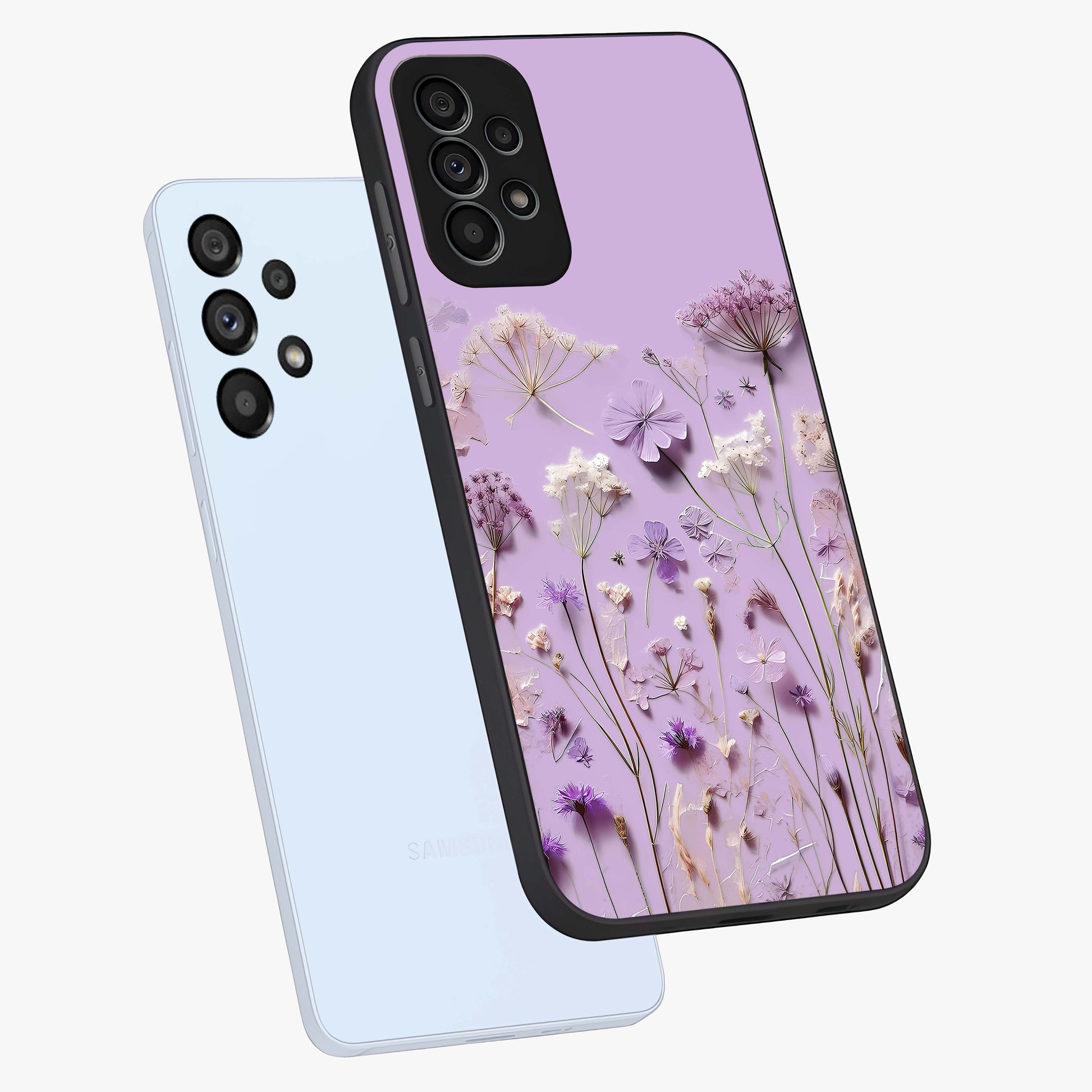 Lavender Blossom Dream Glass Case displayed in angled mockup highlighting dreamy lavender flower design with calming aesthetic style.