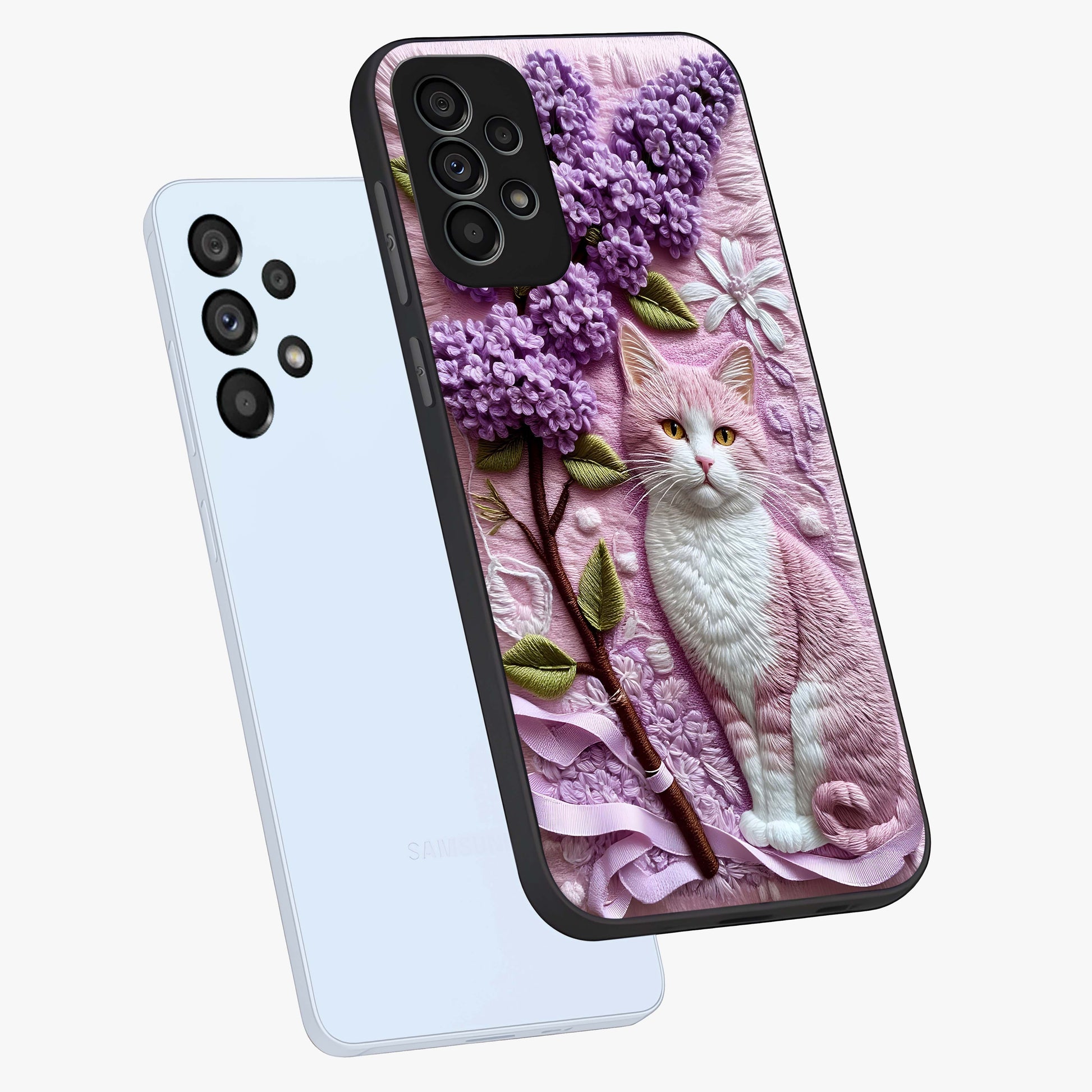 Lavender Cat Whimsy Glass Case displayed in angled mockup highlighting playful feline illustration with pastel lavender aesthetic.