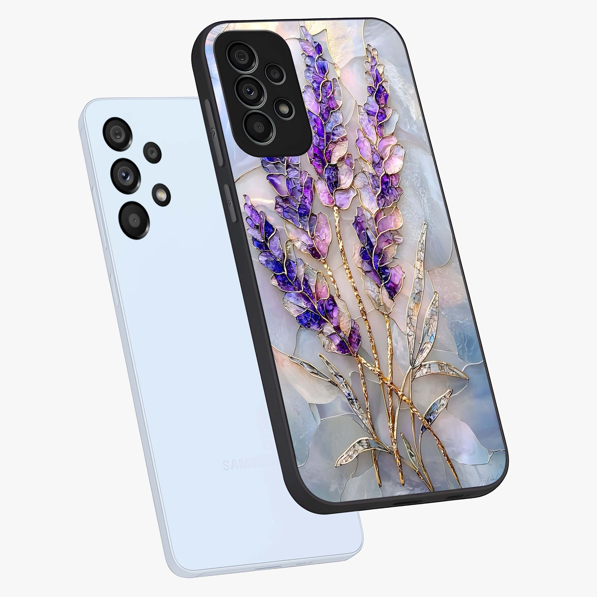 Lavender Dream Glow Glass Case displayed in angled mockup highlighting dreamy purple glow design with soft artistic style.