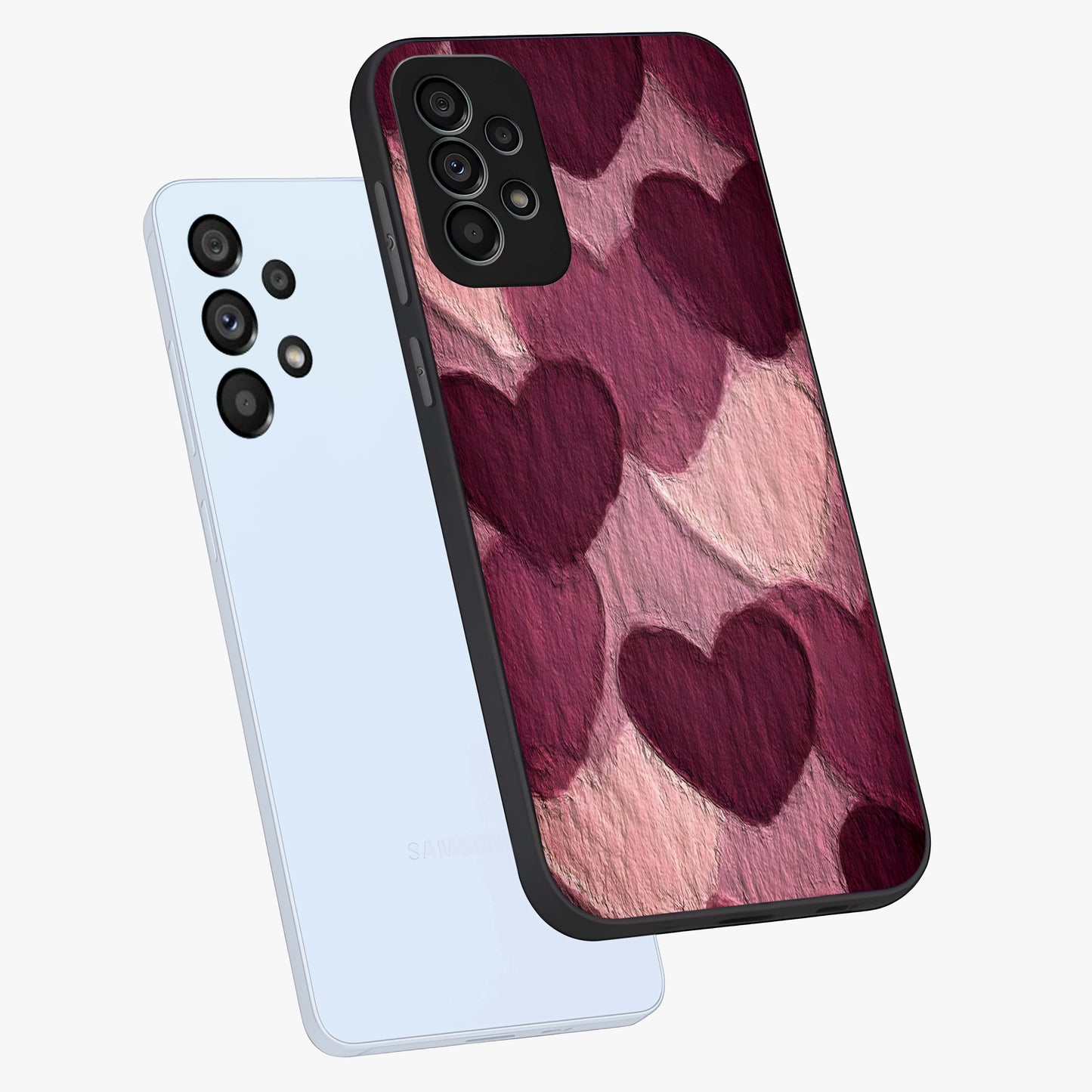 Layered Paper Hearts Glass Case displayed in angled mockup highlighting creative paper craft heart design with romantic aesthetic.