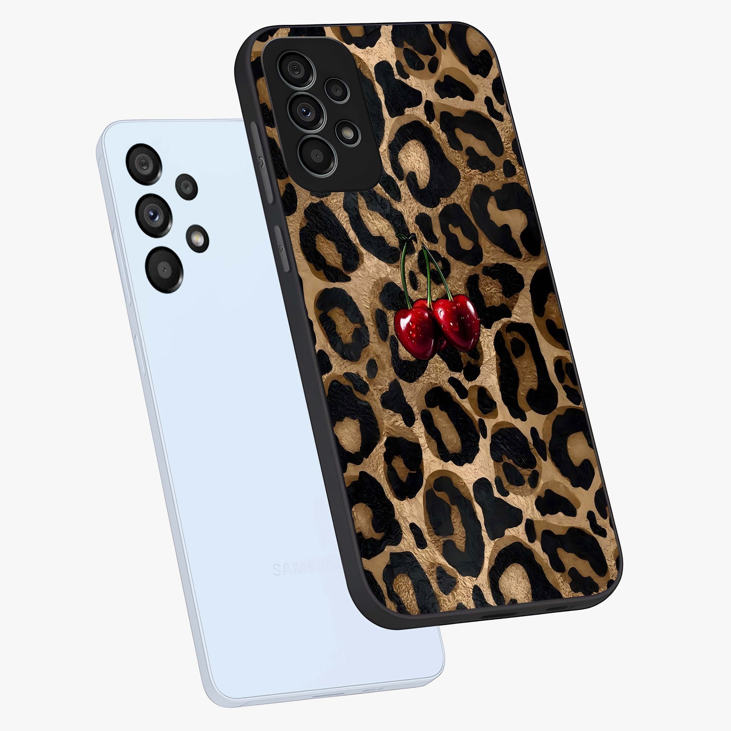 Leopard Wild Cherry Glass Case displayed in angled mockup highlighting bold animal print design with playful cherry aesthetic.