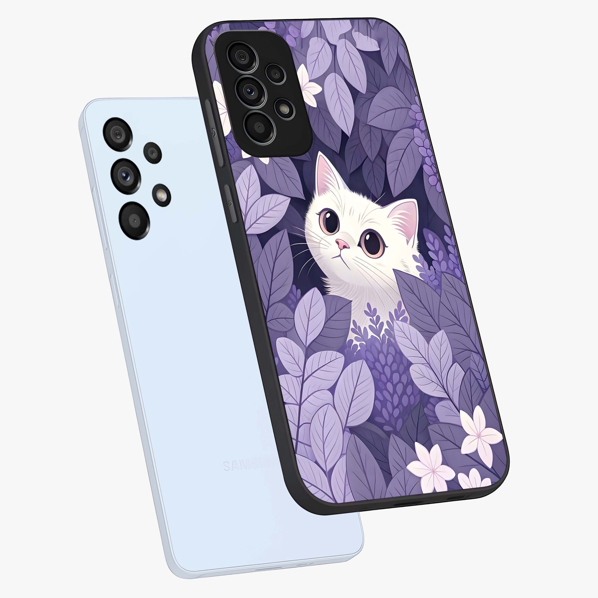 Lilac Hide Peek Cat Glass Case displayed in angled mockup highlighting playful feline illustration with lilac aesthetic design.