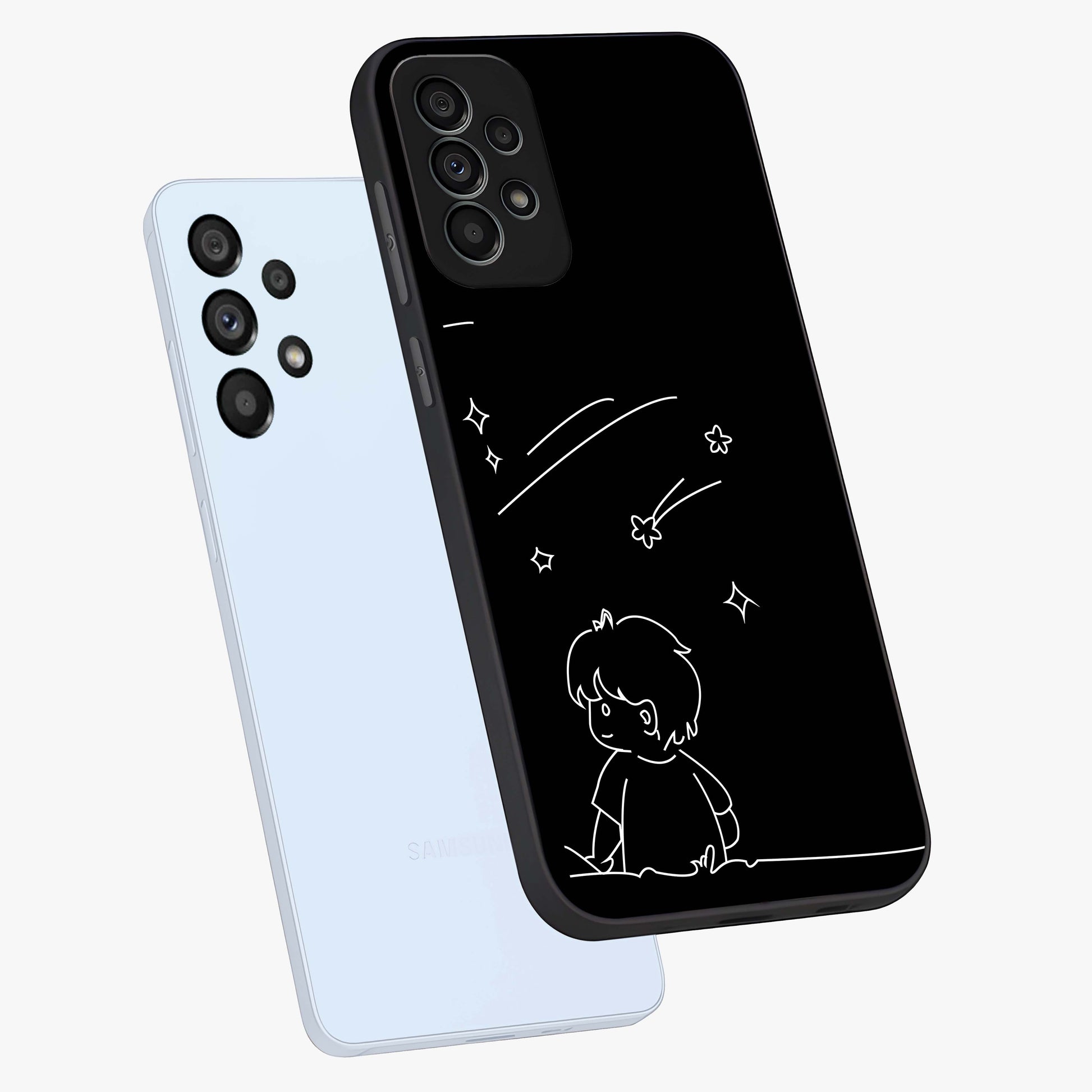 Line Art Boy With Shooting Stars Glass Case displayed in angled mockup highlighting elegant line art design with dreamy star aesthetic.