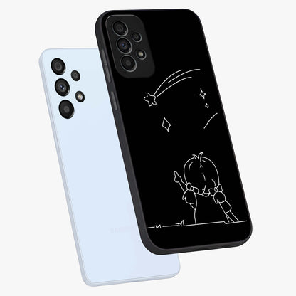 Line Art Girl With Shooting Stars Glass Case displayed in angled mockup highlighting elegant line art design with dreamy star aesthetic.