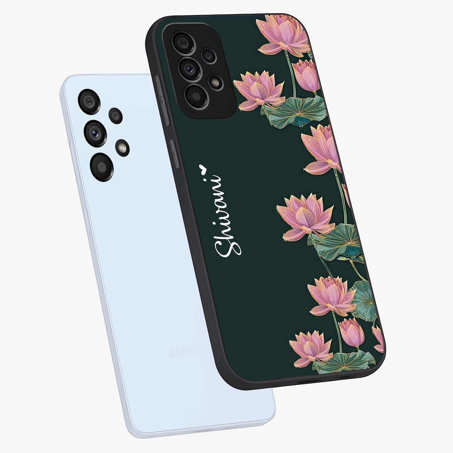Lotus Bloom Serenity Custom Name Glass Case displayed in angled mockup highlighting graceful lotus illustration with custom name feature.