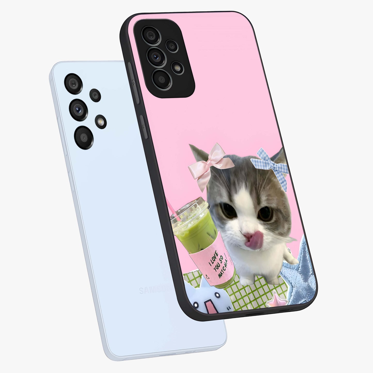 Love Matcha Cat Glass Case displayed in angled mockup highlighting playful feline illustration with cozy matcha aesthetic.