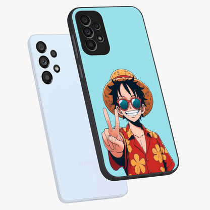 Luffy Summer Anime Vibe Glass Case displayed in angled mockup highlighting energetic anime illustration with summer vibe aesthetic.