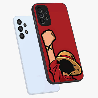 Luffy X Spirit Glass Case displayed in angled mockup highlighting powerful anime design with energetic action aesthetic.