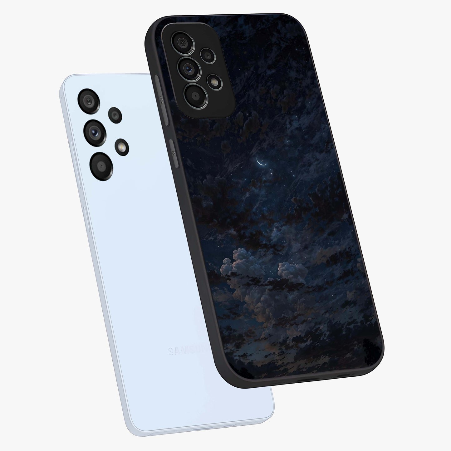 Lunar Veil Silence Glass Case displayed in angled mockup highlighting soft lunar design with peaceful celestial aesthetic.