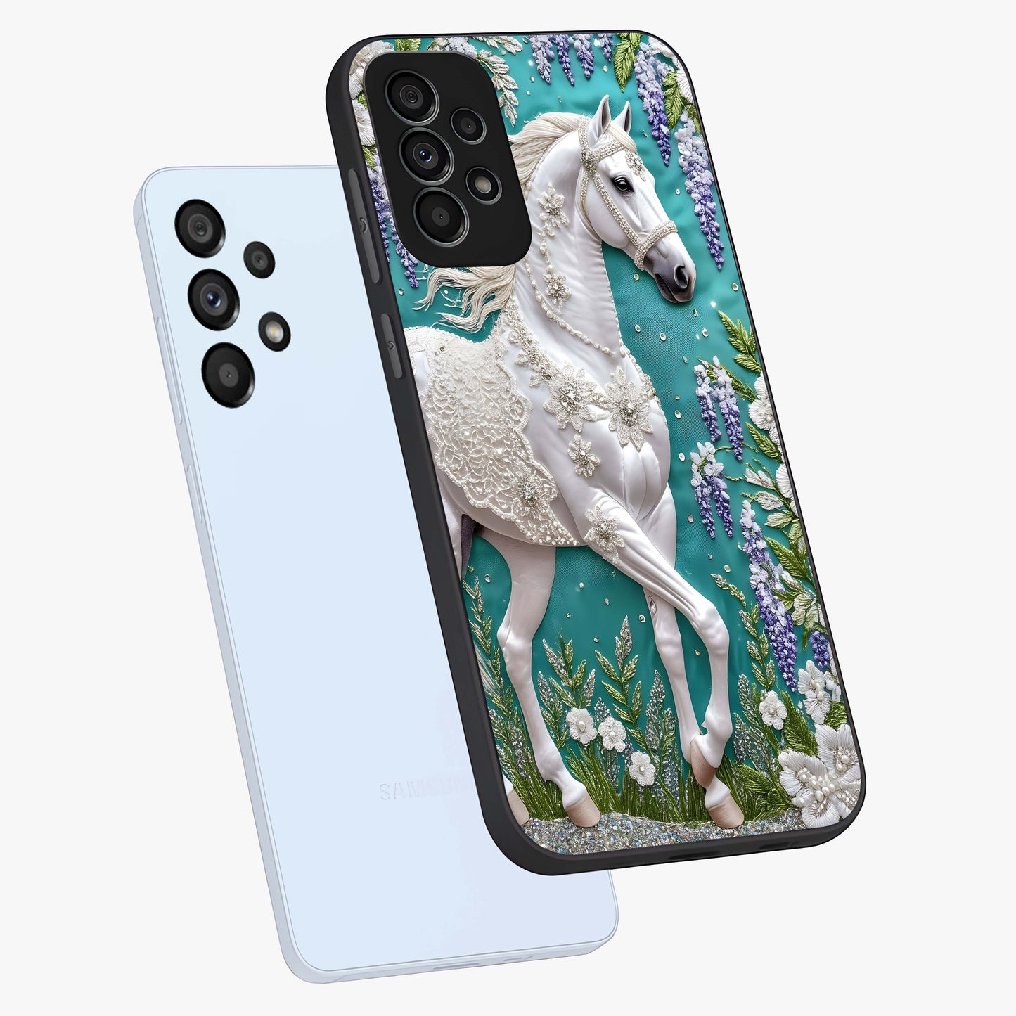 Majestic Floral Stallion Glass Case displayed in angled mockup highlighting majestic stallion illustration with elegant floral aesthetic.
