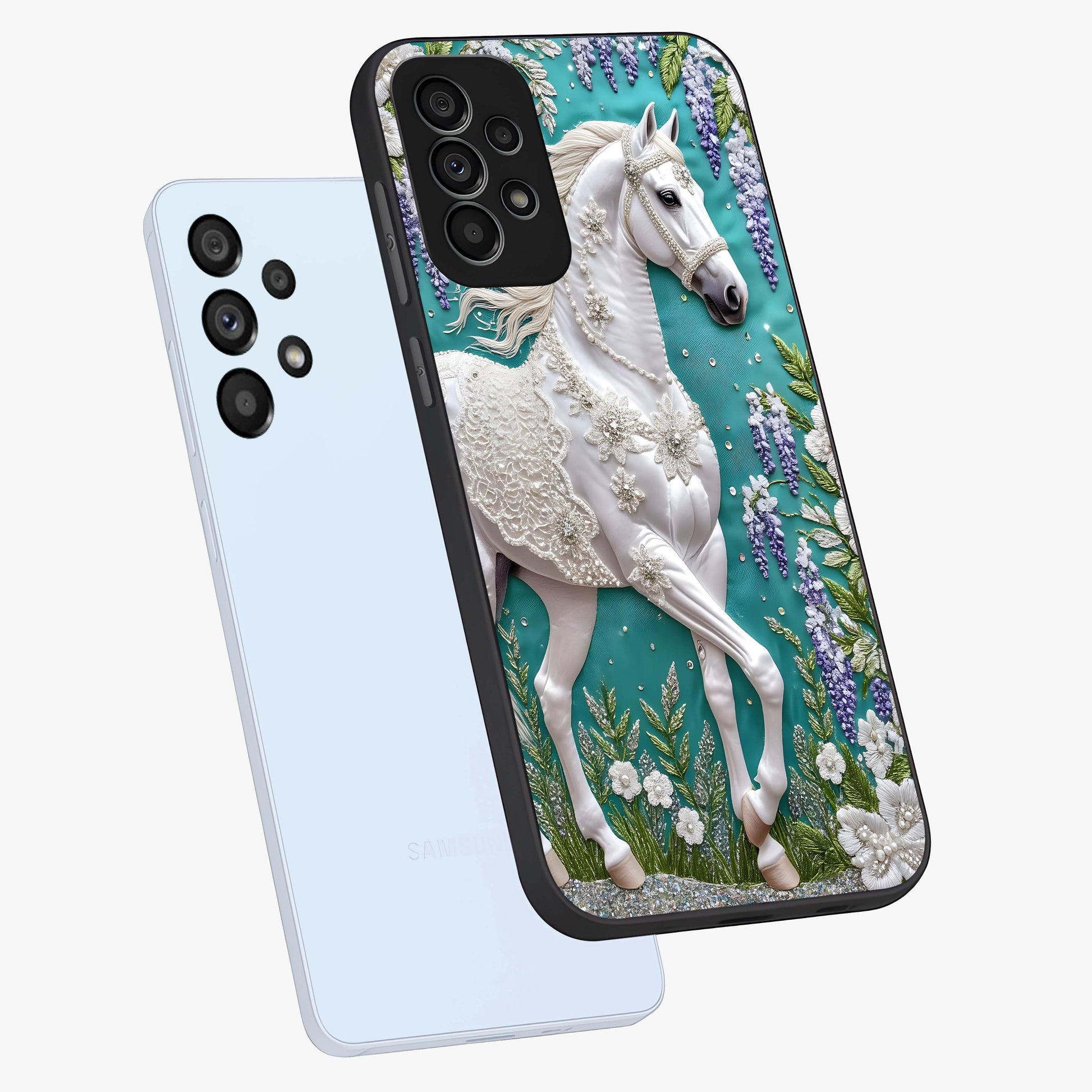 Majestic Floral Stallion Glass Case displayed in angled mockup highlighting majestic stallion illustration with elegant floral aesthetic.
