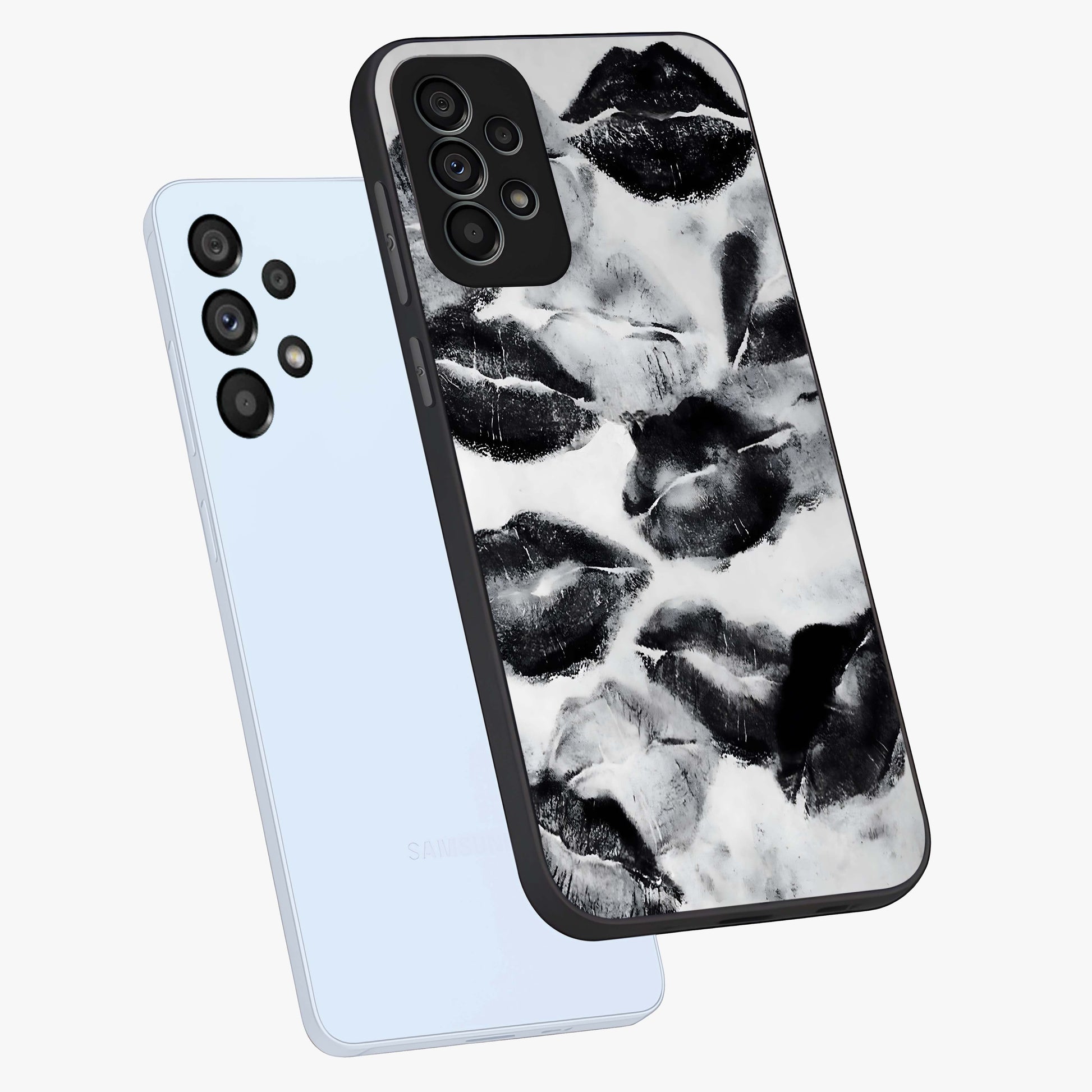 Midnight Kiss Marks Glass Case displayed in angled mockup highlighting playful romantic design with bold midnight aesthetic.