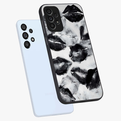 Midnight Kiss Marks Glass Case displayed in angled mockup highlighting playful romantic design with bold midnight aesthetic.