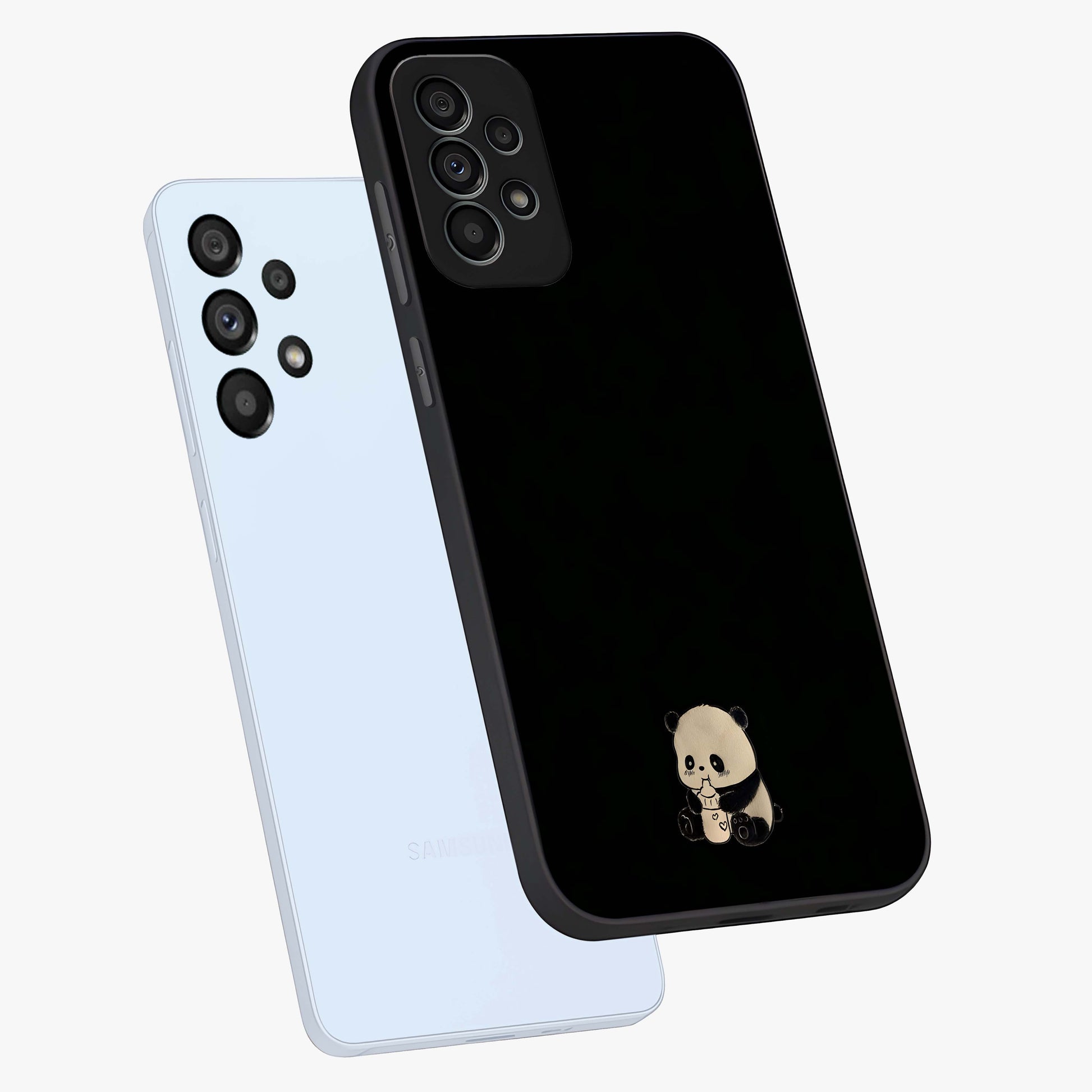 Midnight Panda Love Glass Case displayed in angled mockup highlighting adorable panda illustration with midnight aesthetic.