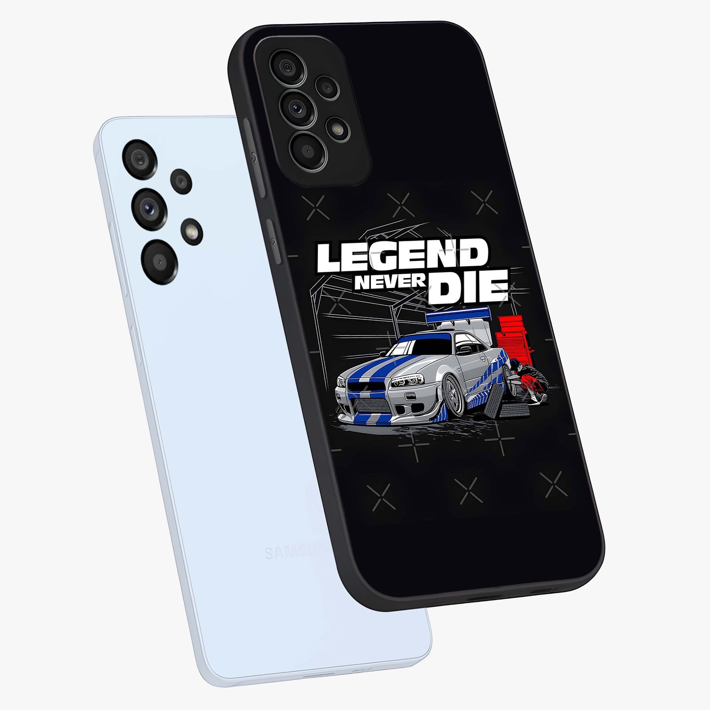 Midnight Racing Legacy Glass Case displayed in angled mockup highlighting dynamic automotive design with bold midnight aesthetic.
