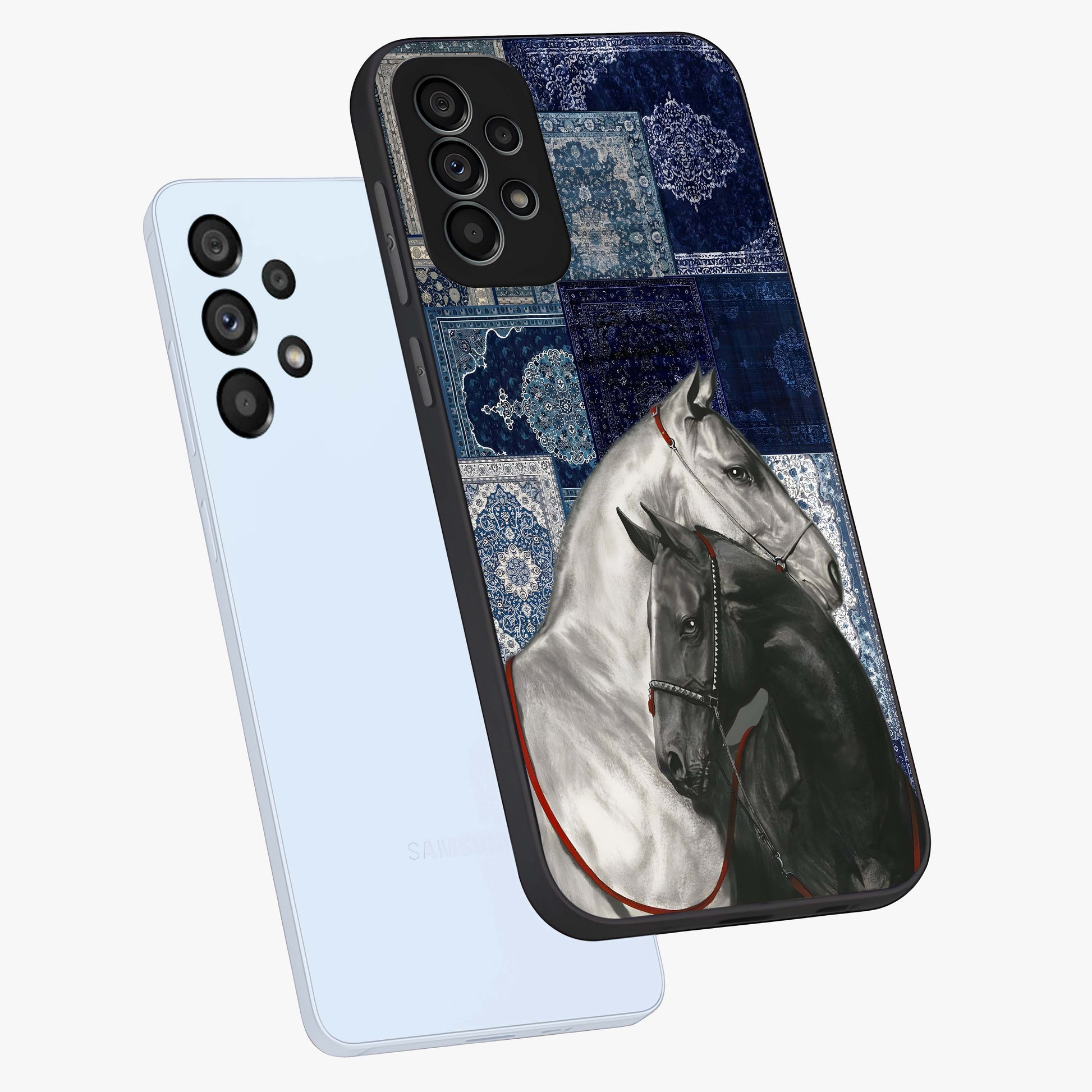 Midnight Stallion Blues Glass Case displayed in angled mockup highlighting powerful stallion illustration with deep midnight tones.